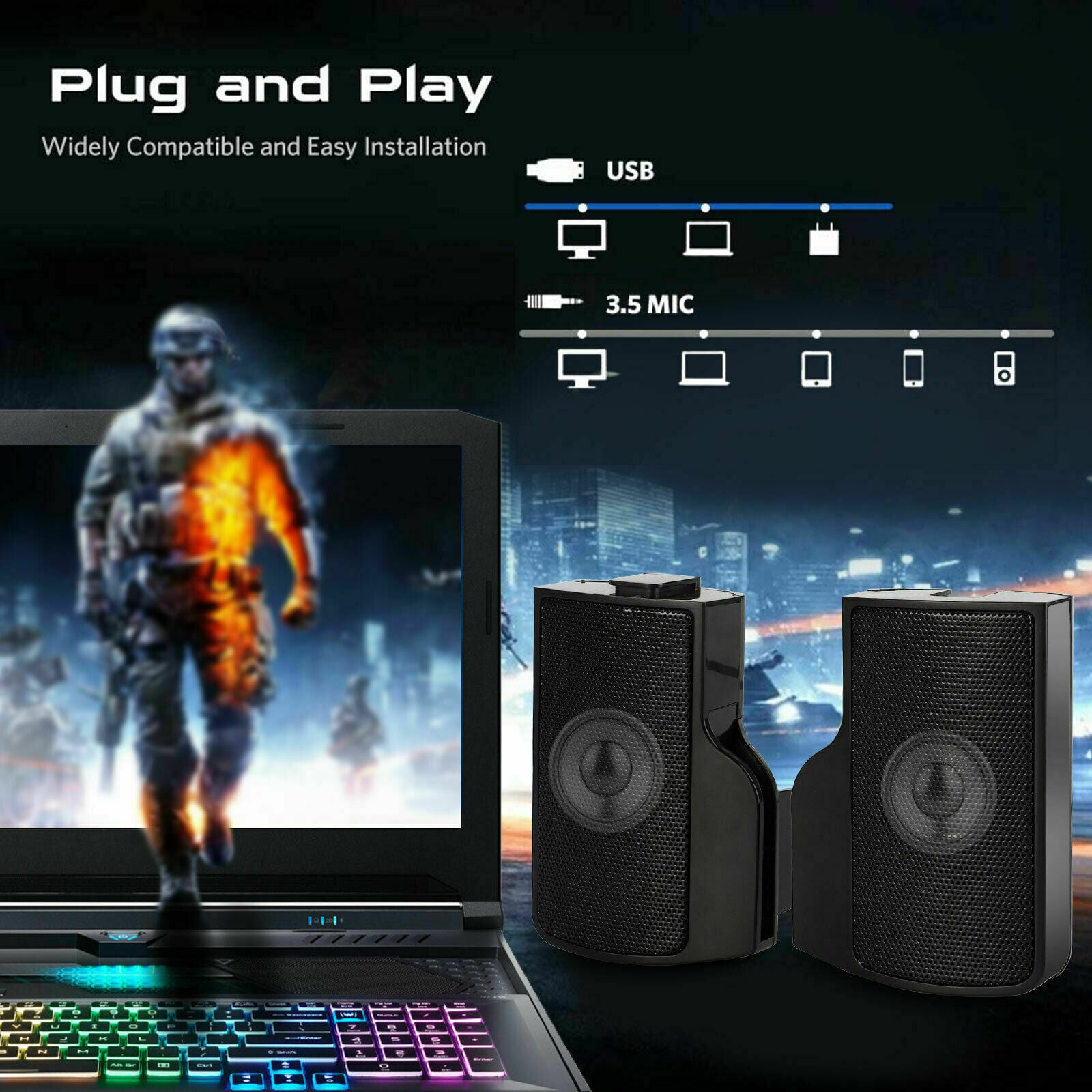 USB Power Speakers Clip-On Computer Stereo Sound Bar 3.5mm for Desktop PC Laptop