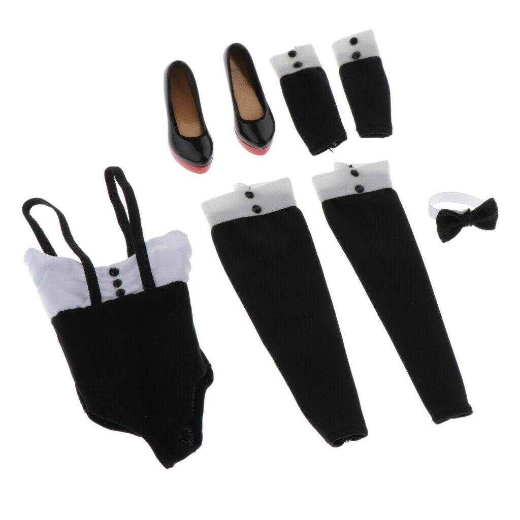 1/6 Bartender Girl Outfits, White Black Bodysuit + Stockings + Sleeves + Pumps +