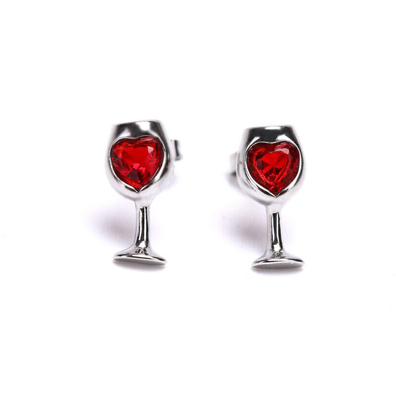 Fashion Red Color Heart Crystal Stone Wine Glass Stud Earrings Jewelry Gift S Pb