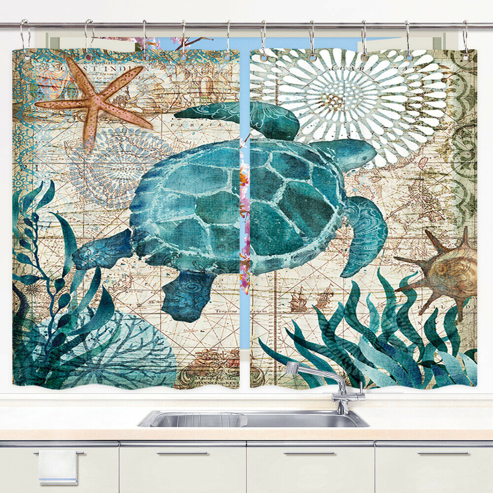 Marine Life Sea Turtle Window Curtain Treatment Kitchen Curtain 2 Panels 55X39''