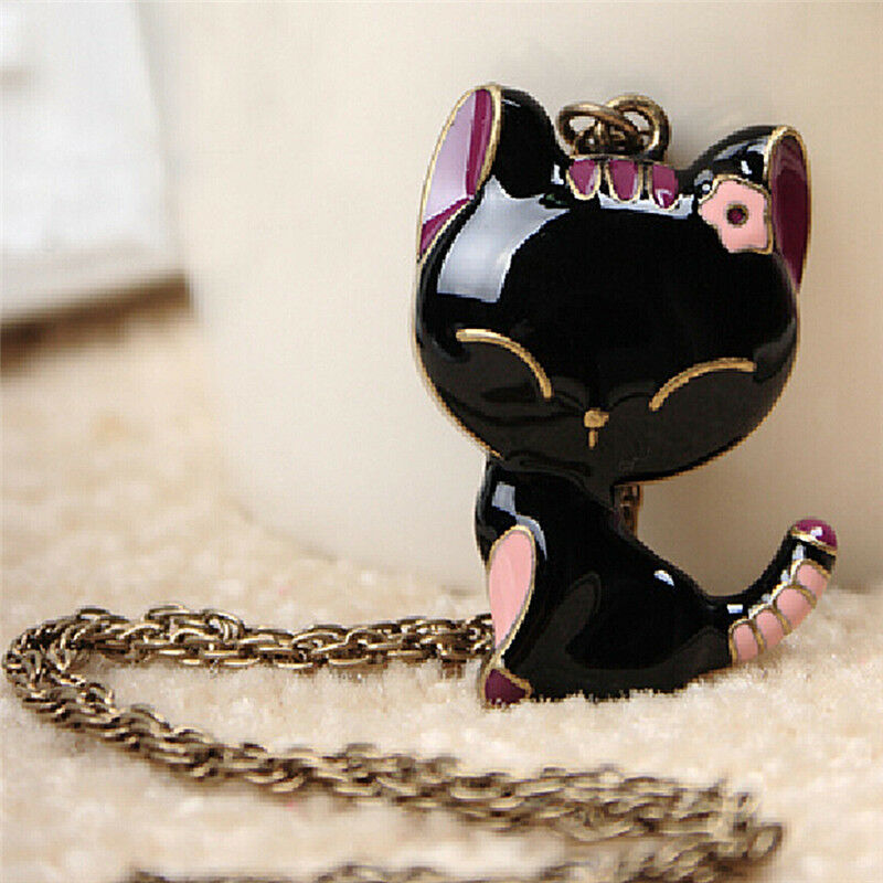 Retro Jewelry Black Drip Paint Smile Cat Pendant Necklace Long Necklac.l8