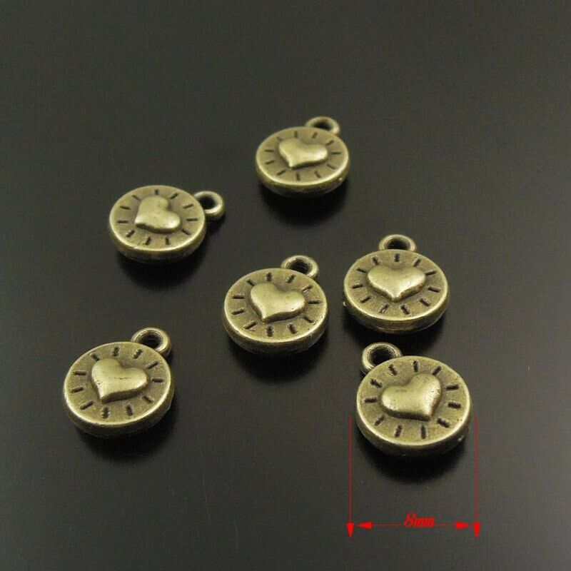120 pcs Antiqued Bronze Heart Alloy Charm Round Pendant Earring Findings 8*8*2mm