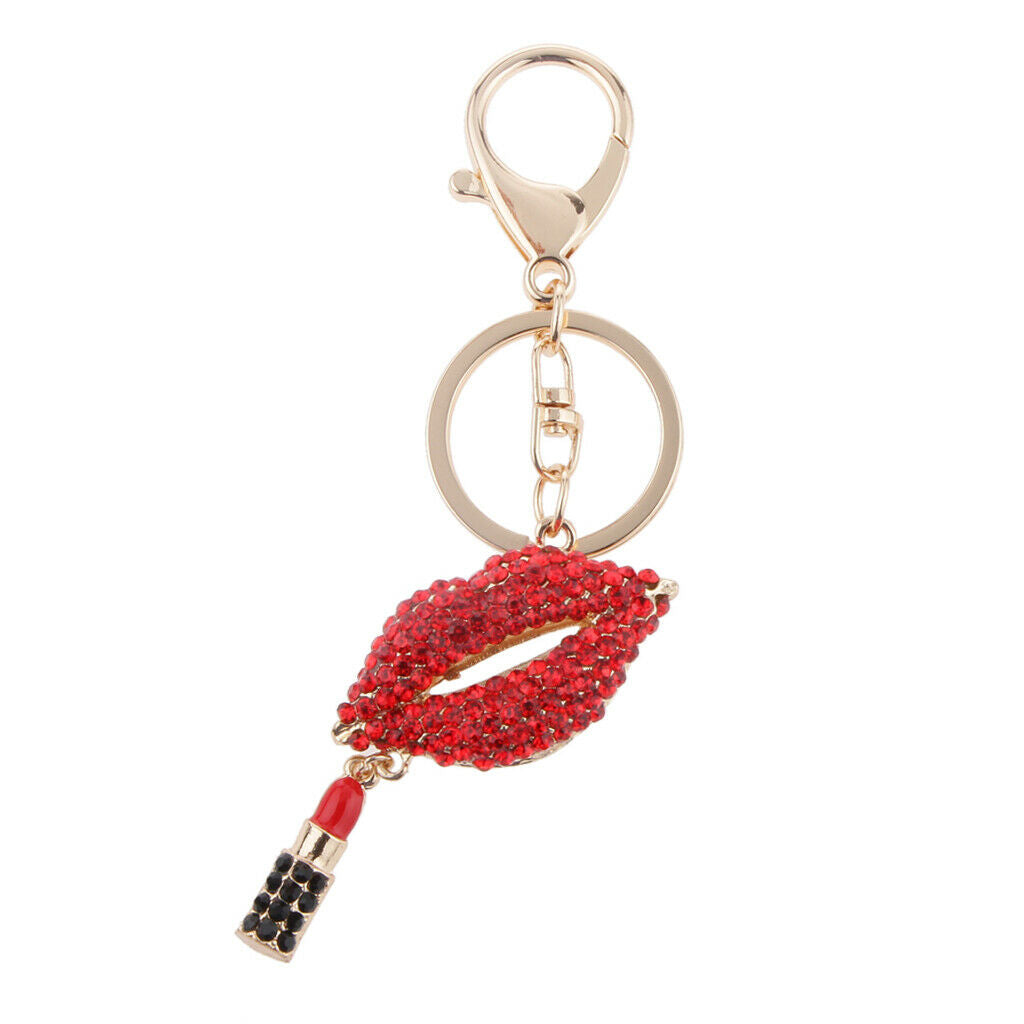 Lips Lipstick Rhinestone Pendant Keychain Women Gift Accessories Red