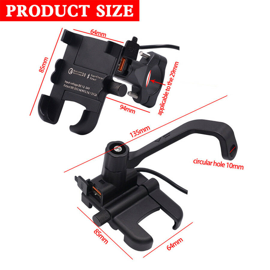 Motorbike Mirror Holder Install Phone Bracket& QC3.0 Charger Waterproof USB Port