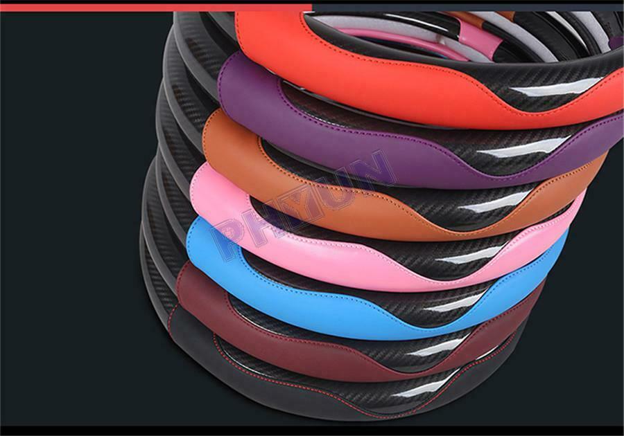 38cm Black Car Steering Wheel Cover Non-slip Leather Carbon Fiber Braid Style