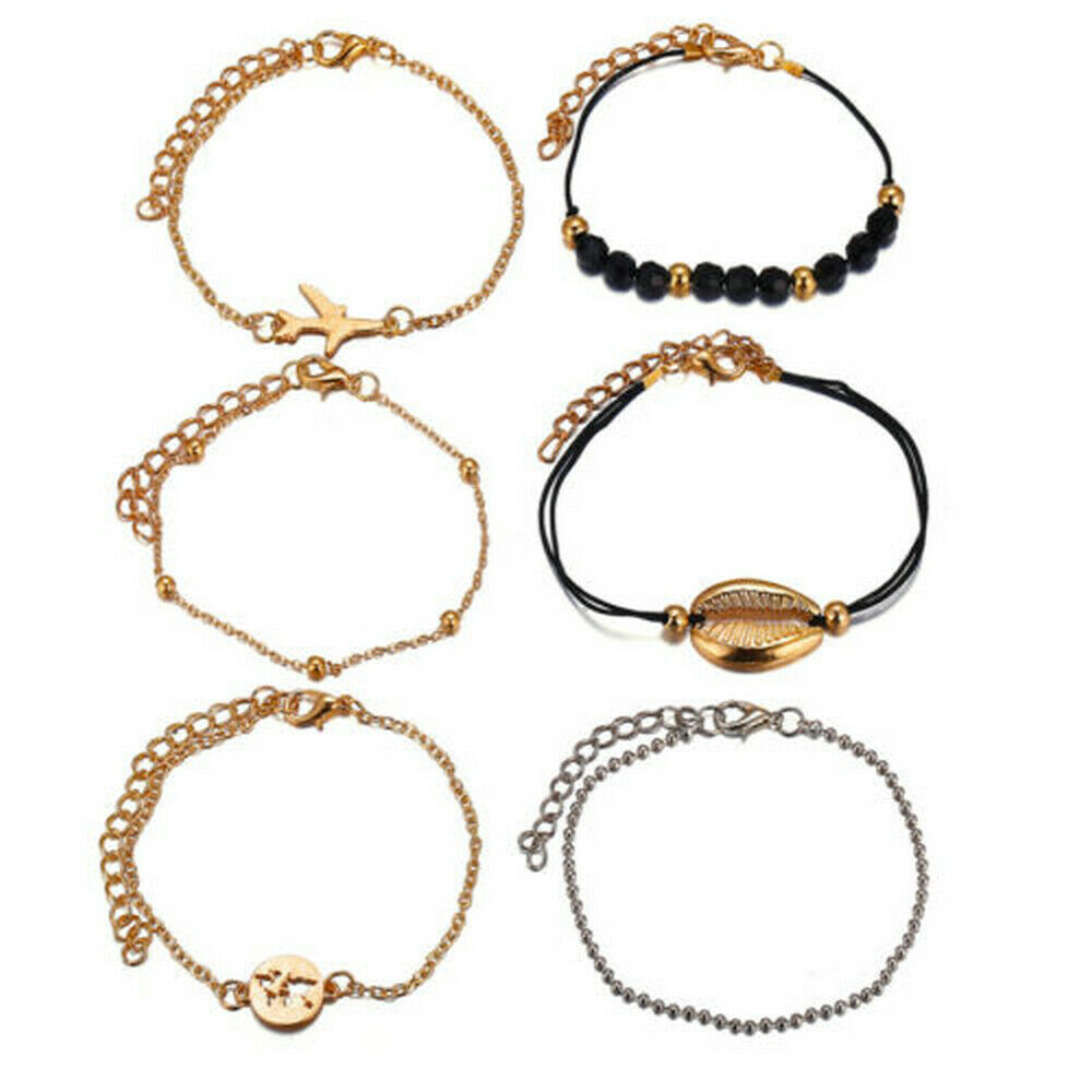 6 Pcs Fashion Women Boho Shell Airplane Beads Map Chain Bracelet Bangle Jewelry