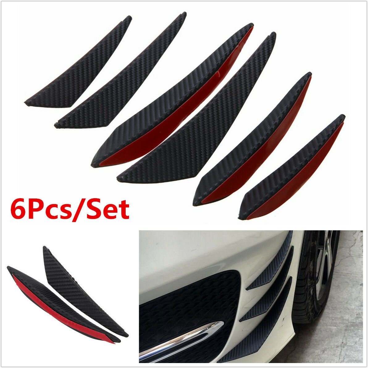 6Pcs Carbon Fiber Look Car Front Bumper Fins Spoiler Wing Lip Splitter Universal