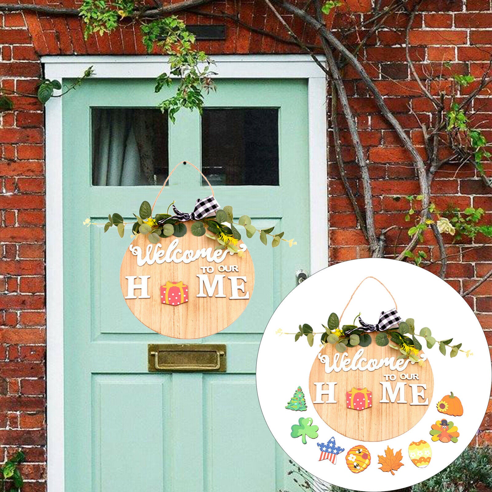 Front Door Decor Wooden Seasonal 11.8 inch Round Icons for All Seasons