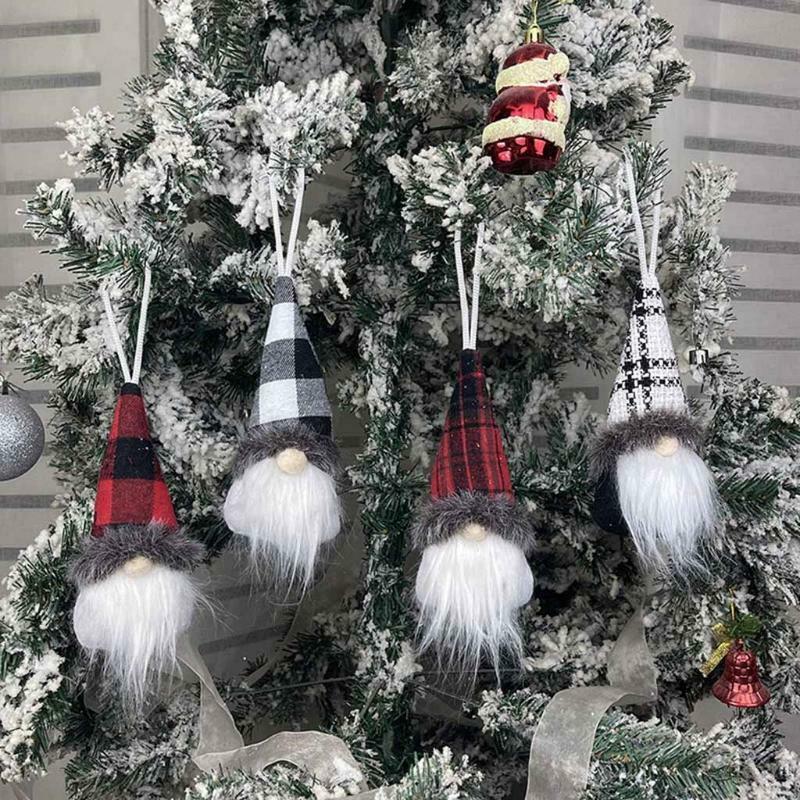 Set of 4 Christmas Tree Hanging Gnomes Ornament Swedish Handmade Plush Plaid Elf