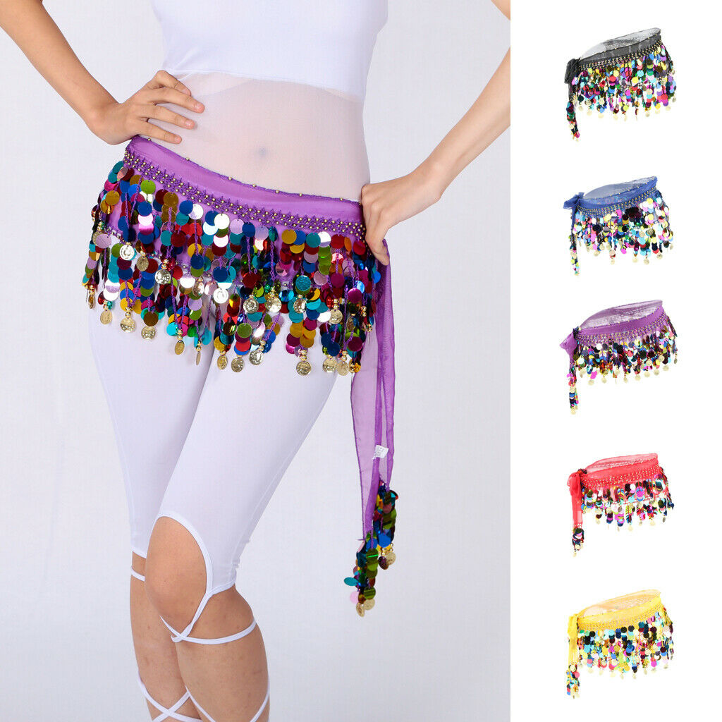 Women's Sequins Beads Belly Dance Skirt Hip Scarf Waistband Belt Black