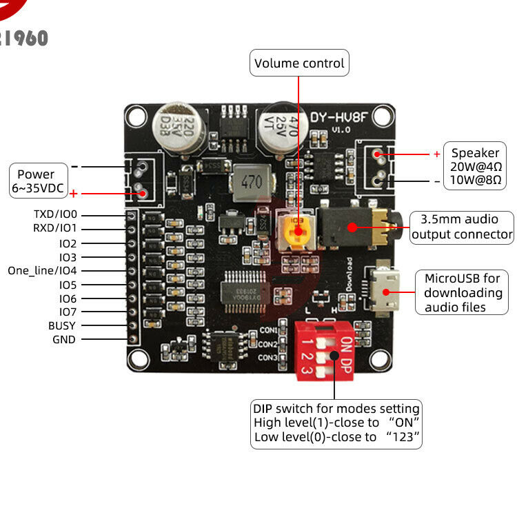 12V/24V Power Supply 10W/20W Voice Playback Module w/8M bytes flash MP3 Player