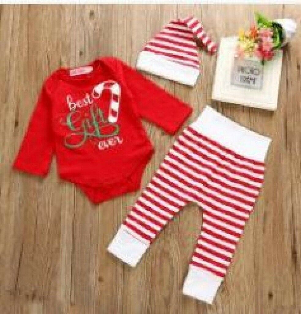 3pcs Infant Toddler Red Christmas Long Sleeve Romper+Pants+Hat Clothes Set Gift