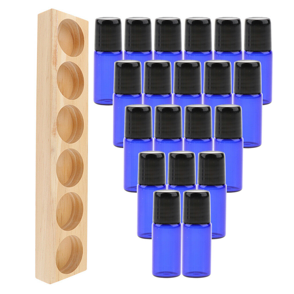 Wood Essential Oil Display Rack Holder Stand + 20 Glass Roller Ball Bottles