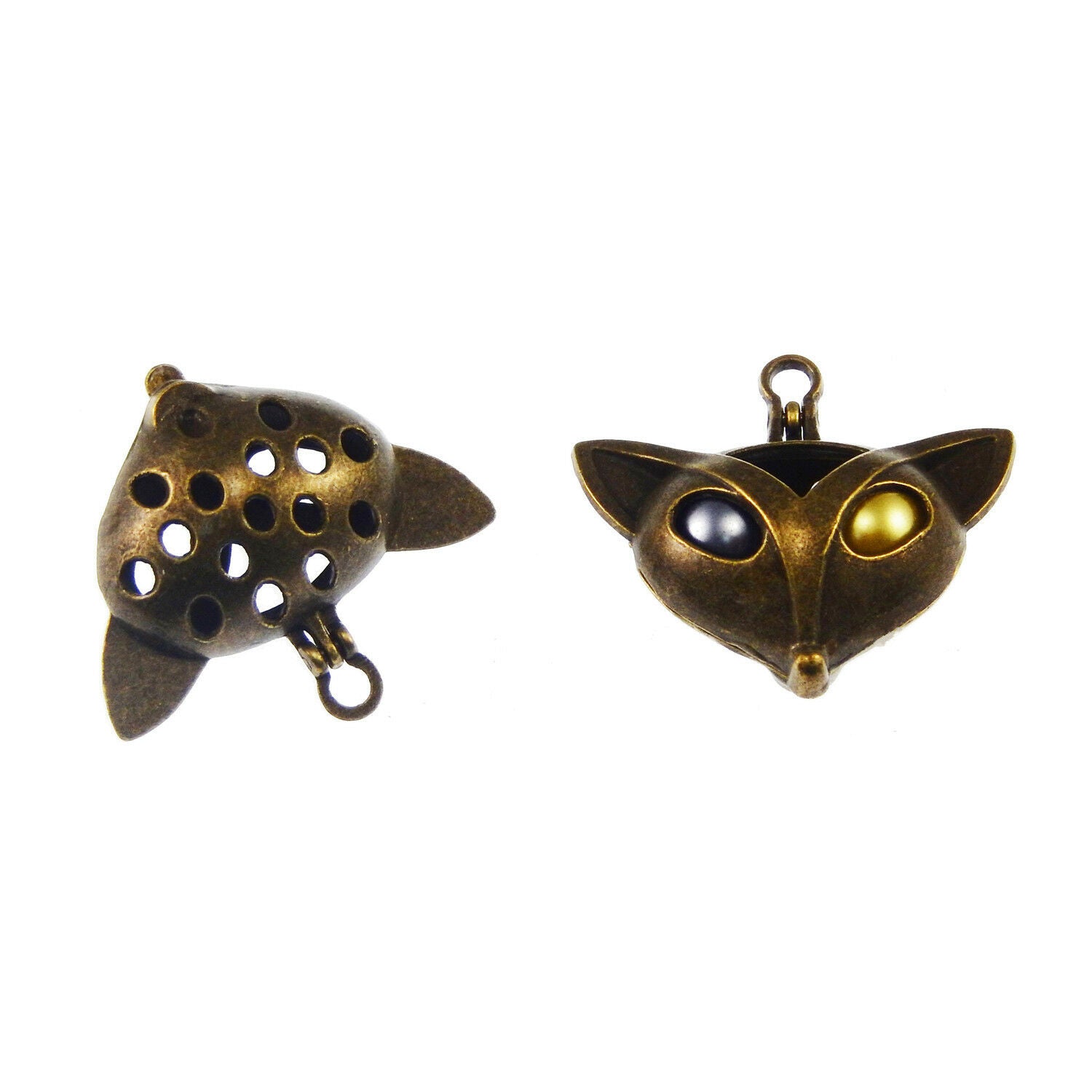 2 PCS Retro Bronze Magnetic Locket Hollow Fox Head Charm Pendant Jewelry 34*31mm