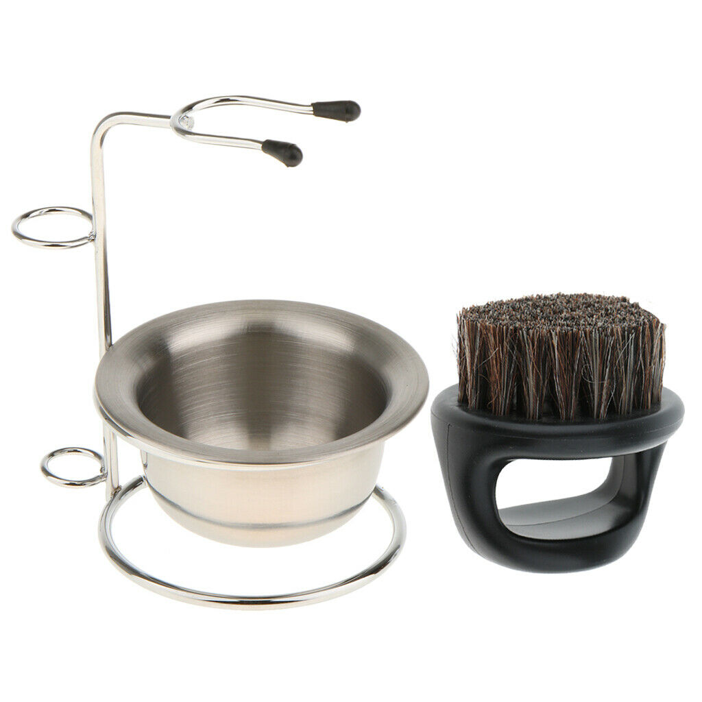Alloy Shaving Tools Stand + Mug Bowl + Dense Firm Bristle Brush Set for Men