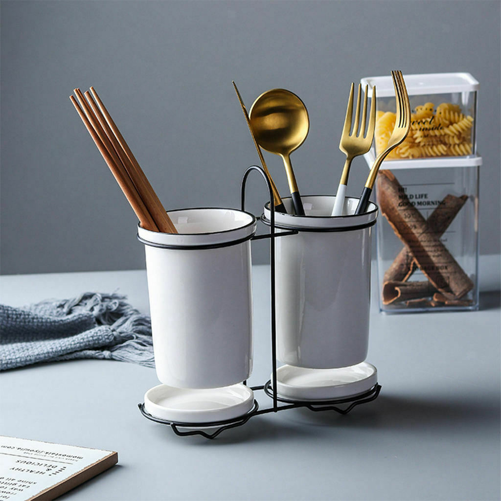 Tableware Holder with Metal Rack Drain Tray Knives Spoons Utensil Organizer