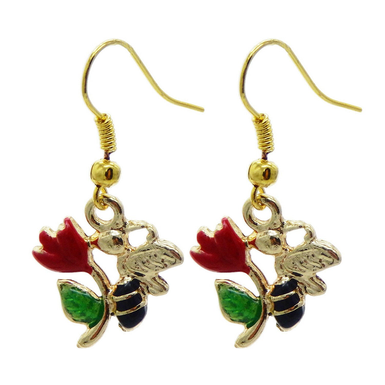 1 Pair Enamel Metal Flower and Honey Bee Charm Dangle Hooks Earrings Jewelry