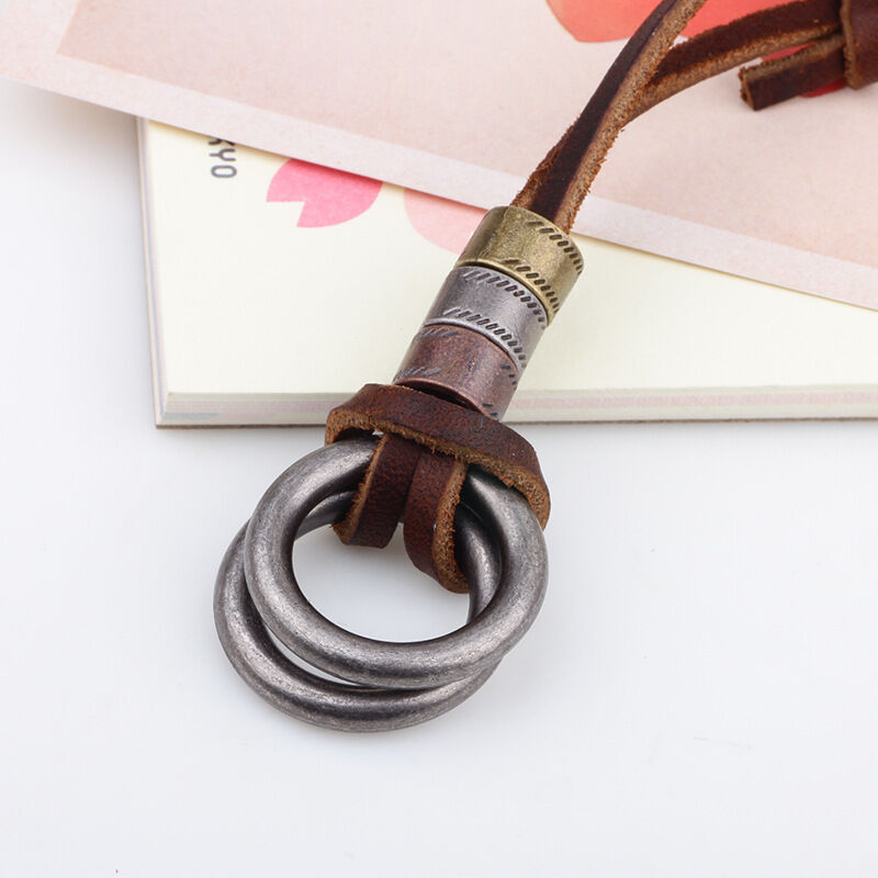 Men Wild Retro Leather LUS  Cord Necklace Double Circle Ring Pendant Jewelry