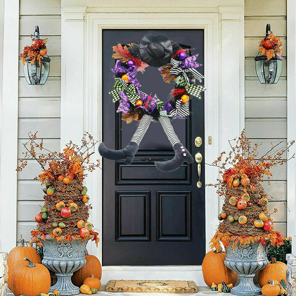 24 Inch Witch Halloween Wreath with Hat Legs Pumpkin Wreath Door Wall Decor