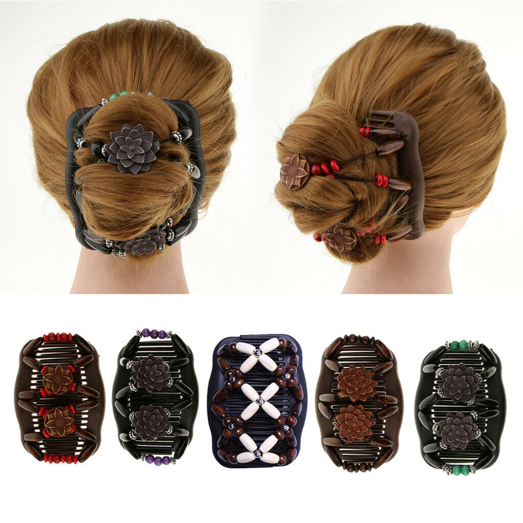 5Pack Magic Wood Beaded Combs Stylish Women Stretchy Double Hair Comb Clips Updo