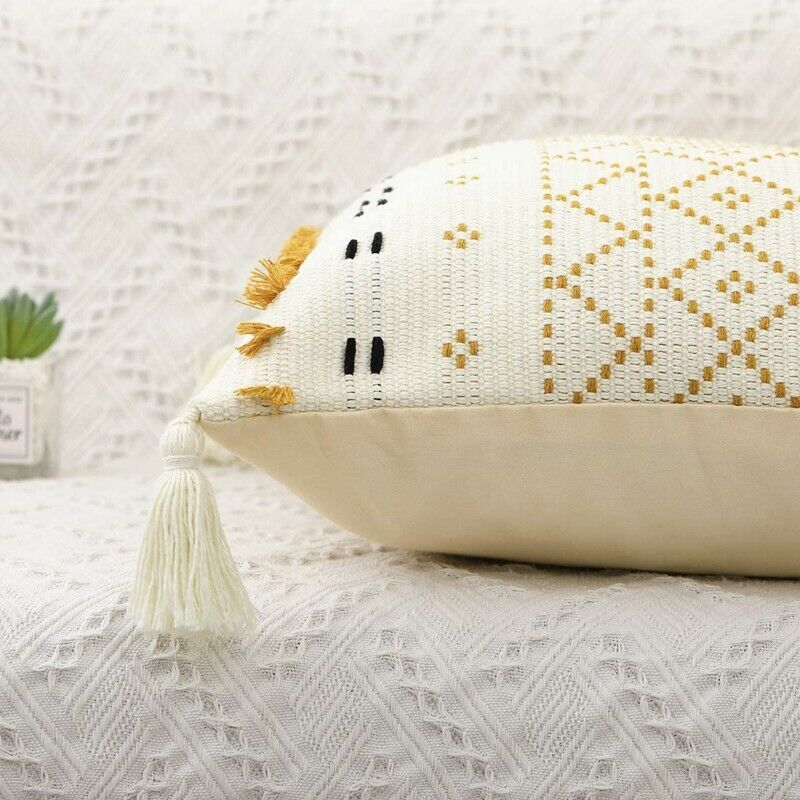 Boho Throw Pillow Covers, 18 x 18 Inch Natural Cotton Hand-Woven Tufted DecoV4T3