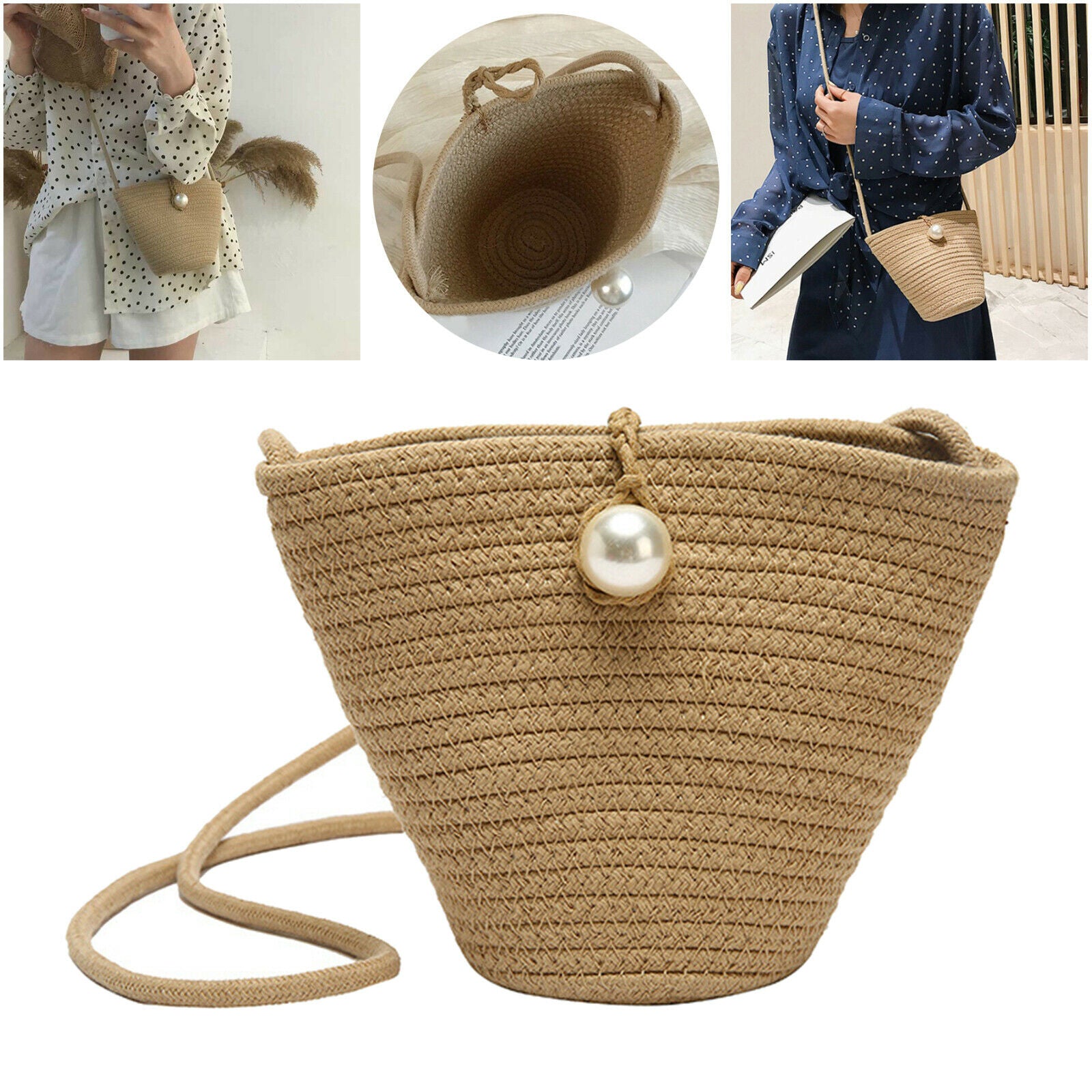 Women Straw Shoulder Bag Beach Rattan Handbag Vocation Handwoven Woven Tote