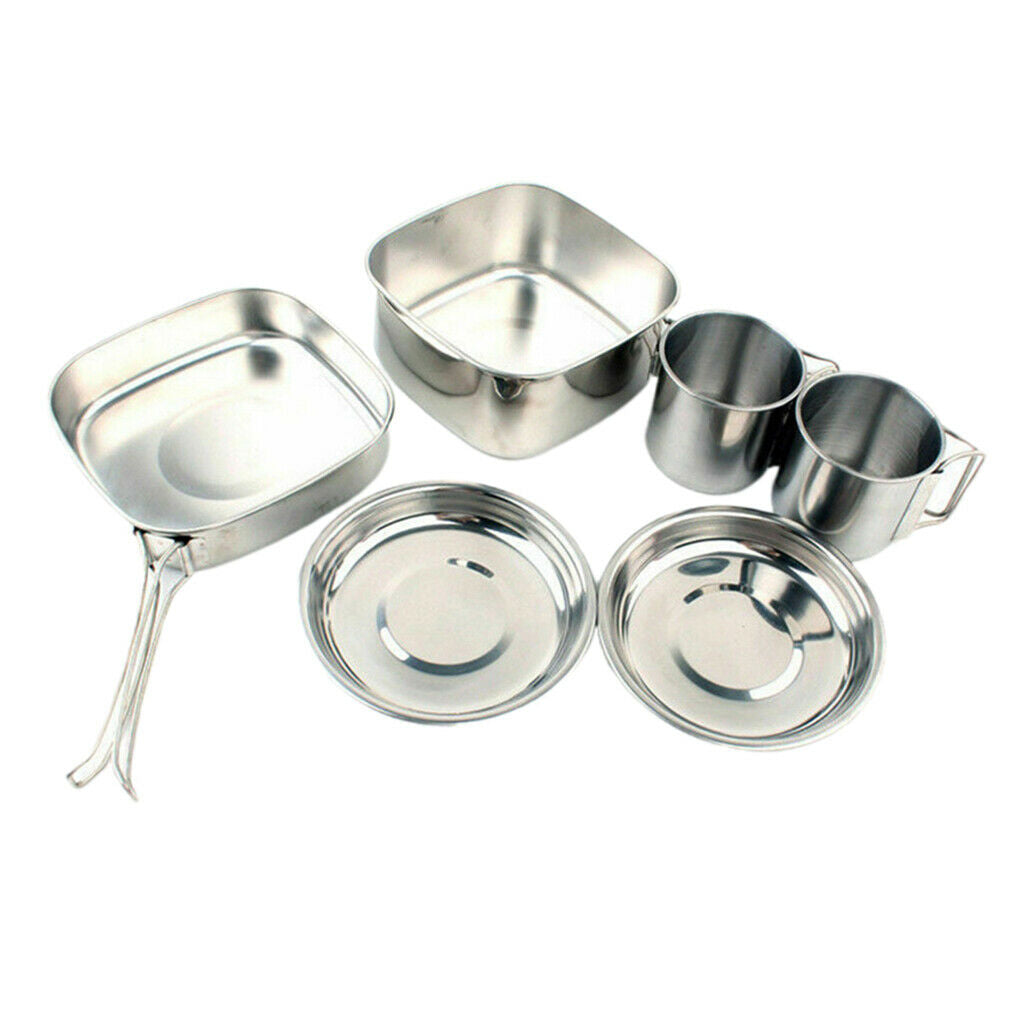 6pcs Camping Cookware Picnic Cooking Wok Stock Pot Cups Plate Tableware Sets