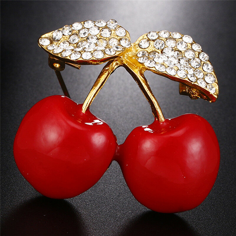 Enamel Rhinestone Crystal Red Cherry Brooch Pin Banquet Fruits Suits Pin.l8