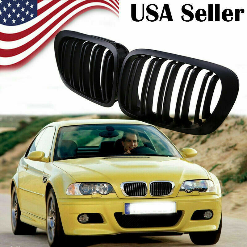 For BMW 3Series E46 M3 1999-2007 Pair Front Kidney Grilles Dual Slat Matte Black