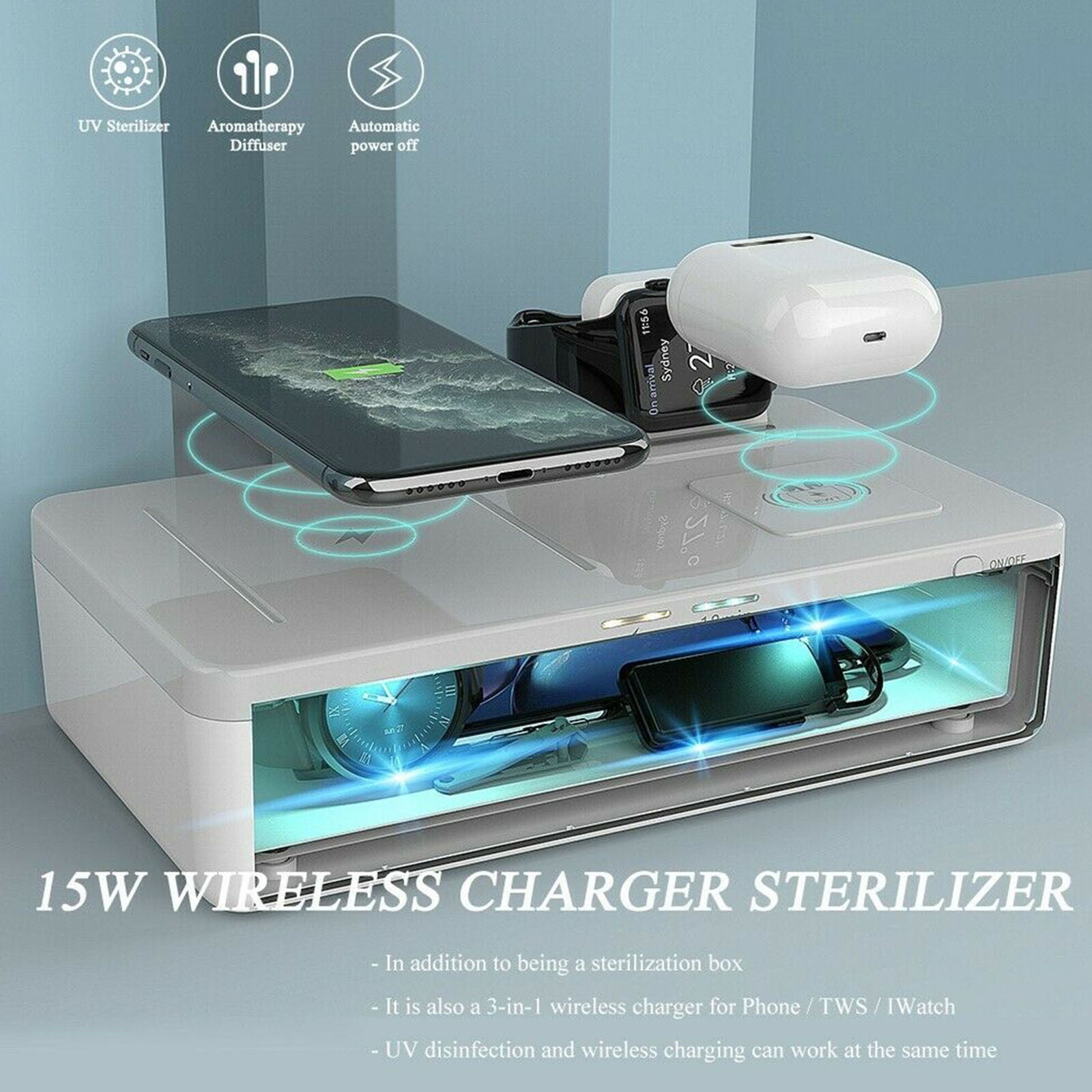 Phone Sanitizer Sterilizer Box Multifunction 15w QI 3 in 1 Wireless Charger