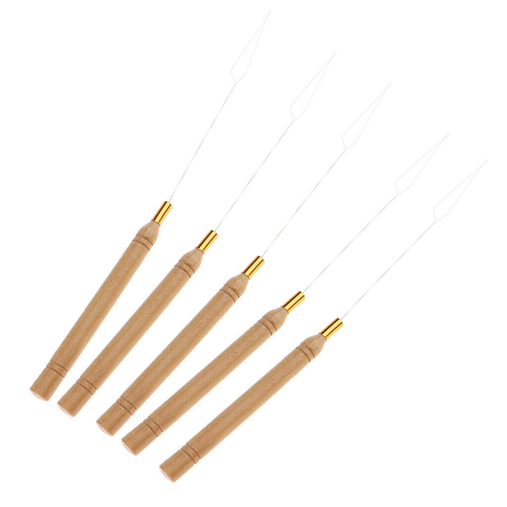 5 Pieces Wooden Handle Hair Extensions Loop Needle Threader Pulling Tool Kit