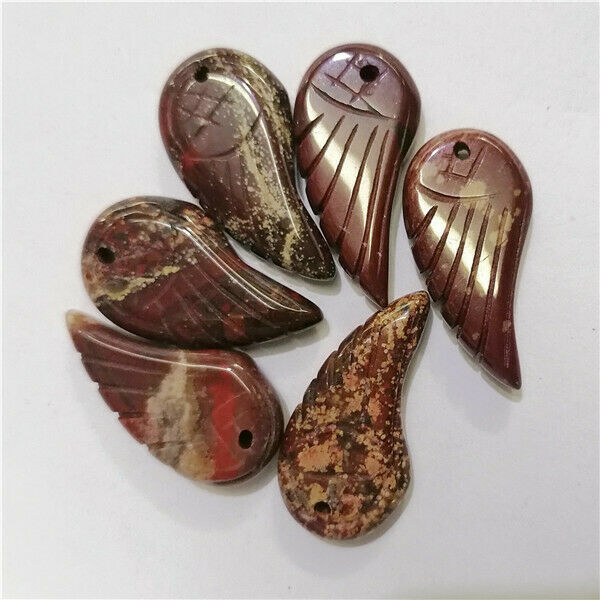 6Pcs 30x16x5mm Natural Red Rainbow Jasper Carved Angel Wing Pendant Bead HH9457