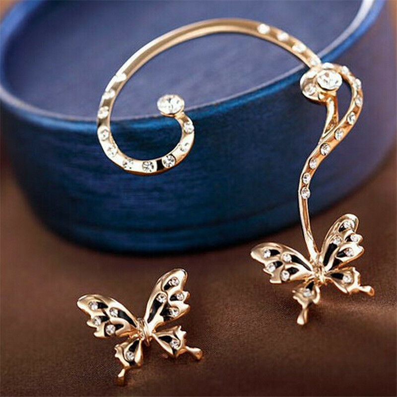 1Pair Lady Butterfly Ear Cuff Punk Clip Crystal Rhinestone Earring Partyd.l8