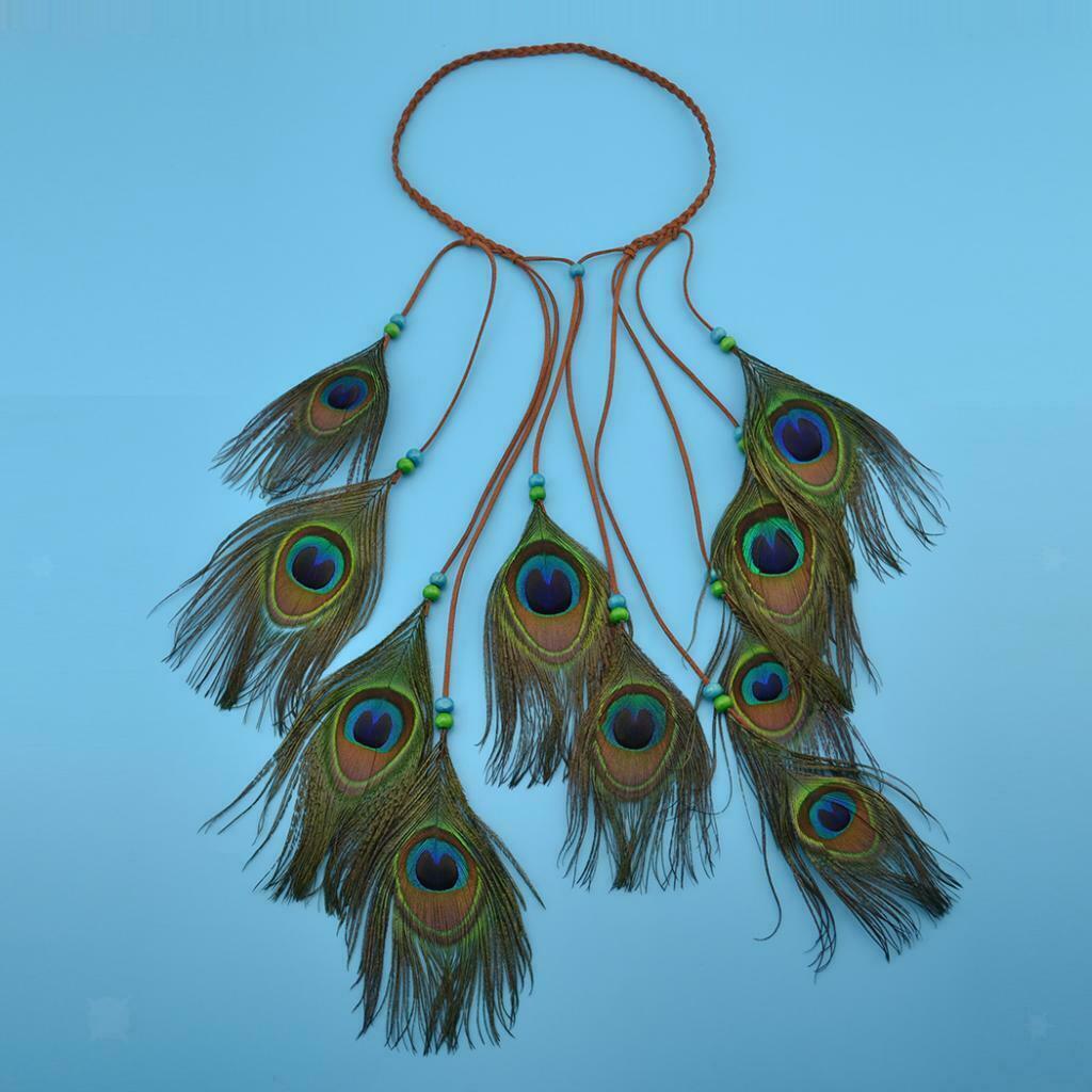 Handmade Ethnic Faux Peacock Feather Shape Headband Boho Long Tassel Hair