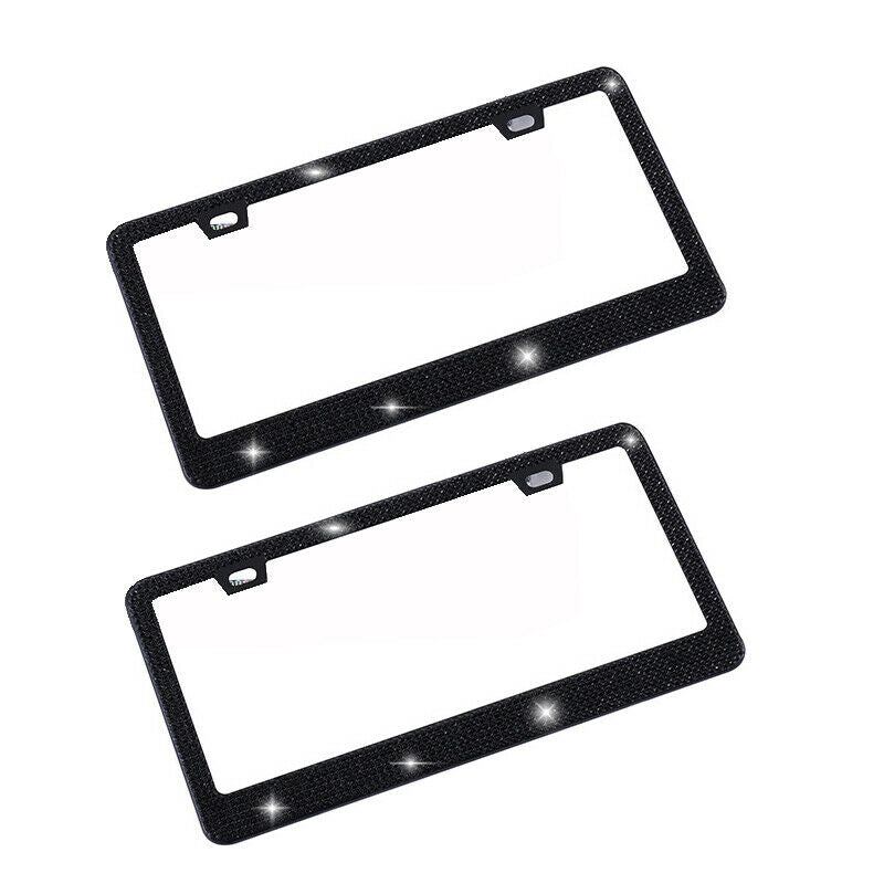 2Pcs Shine Diamond Stainless Steel Car License Plate Frame + Screw 12.4" X 6.3"
