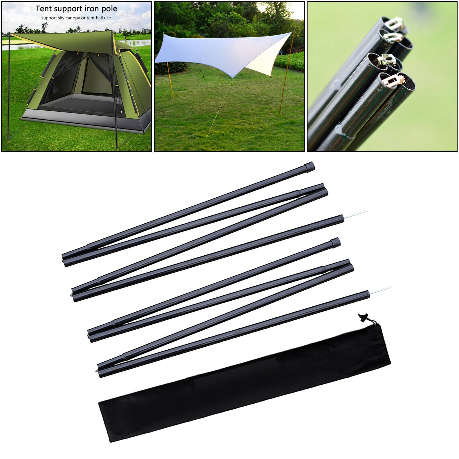 2x Solid Tarp Poles 190cm Backpacking Tent Rod 4 Section with Storage Pouch