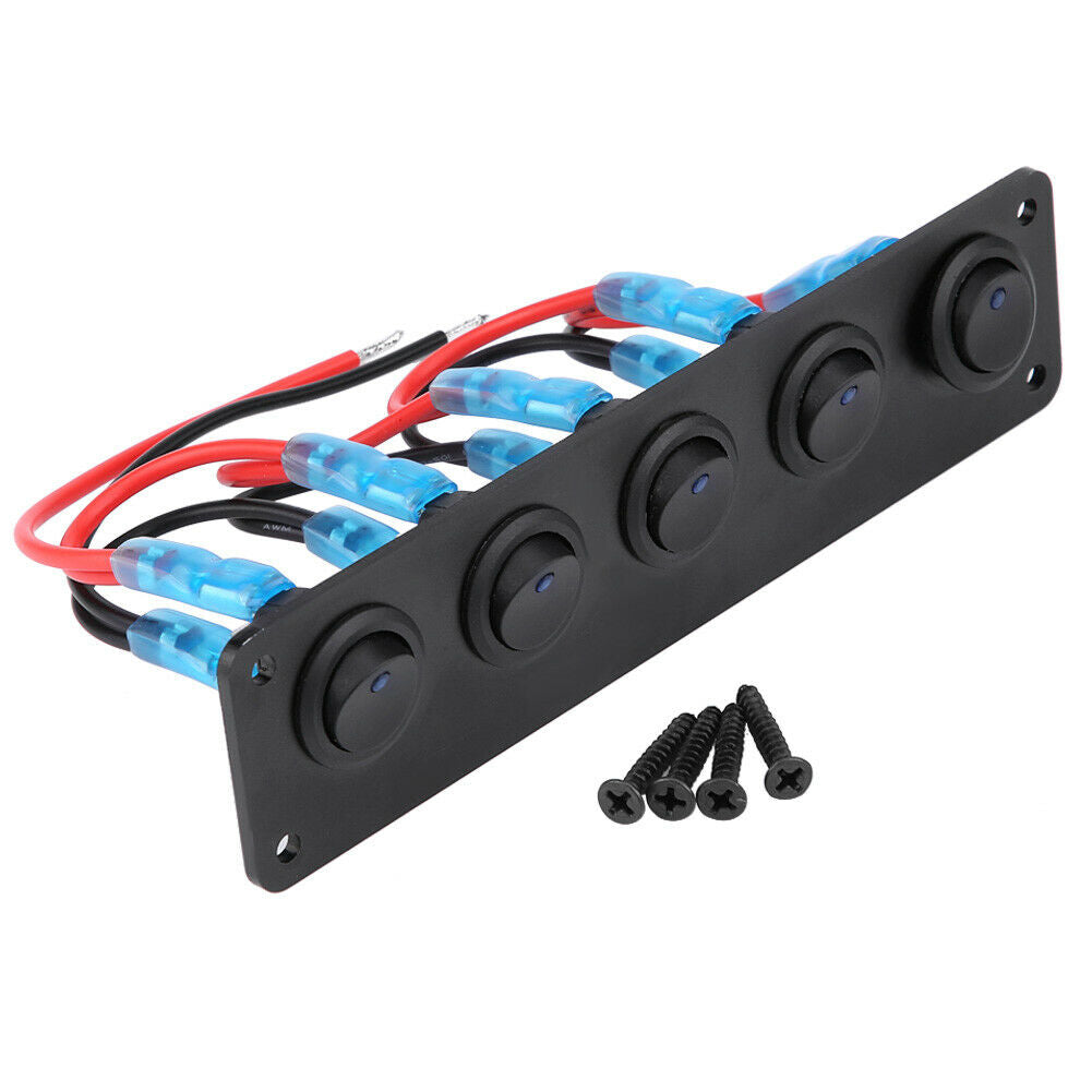 12-24V 5 Gang Rocker Toggle Switch Panel Blue LED For RV Boat Truck Yacht Marine