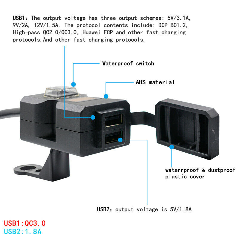 9V-32V 5V Motorcycle USB Cable Adapter Charger Socket Battery Tender Waterproof