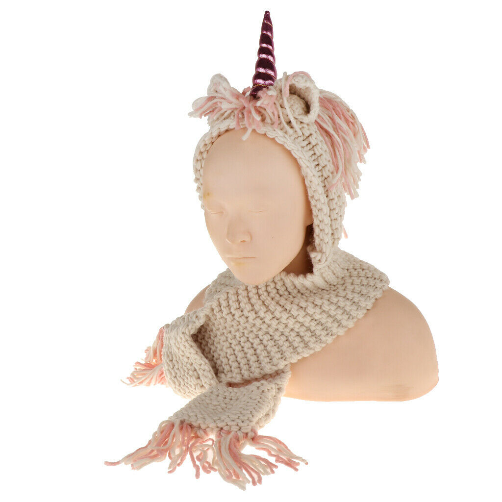 Unicorn Winter Hat with Scarf  Knitting Beanie - White, 2-6 Year Kids