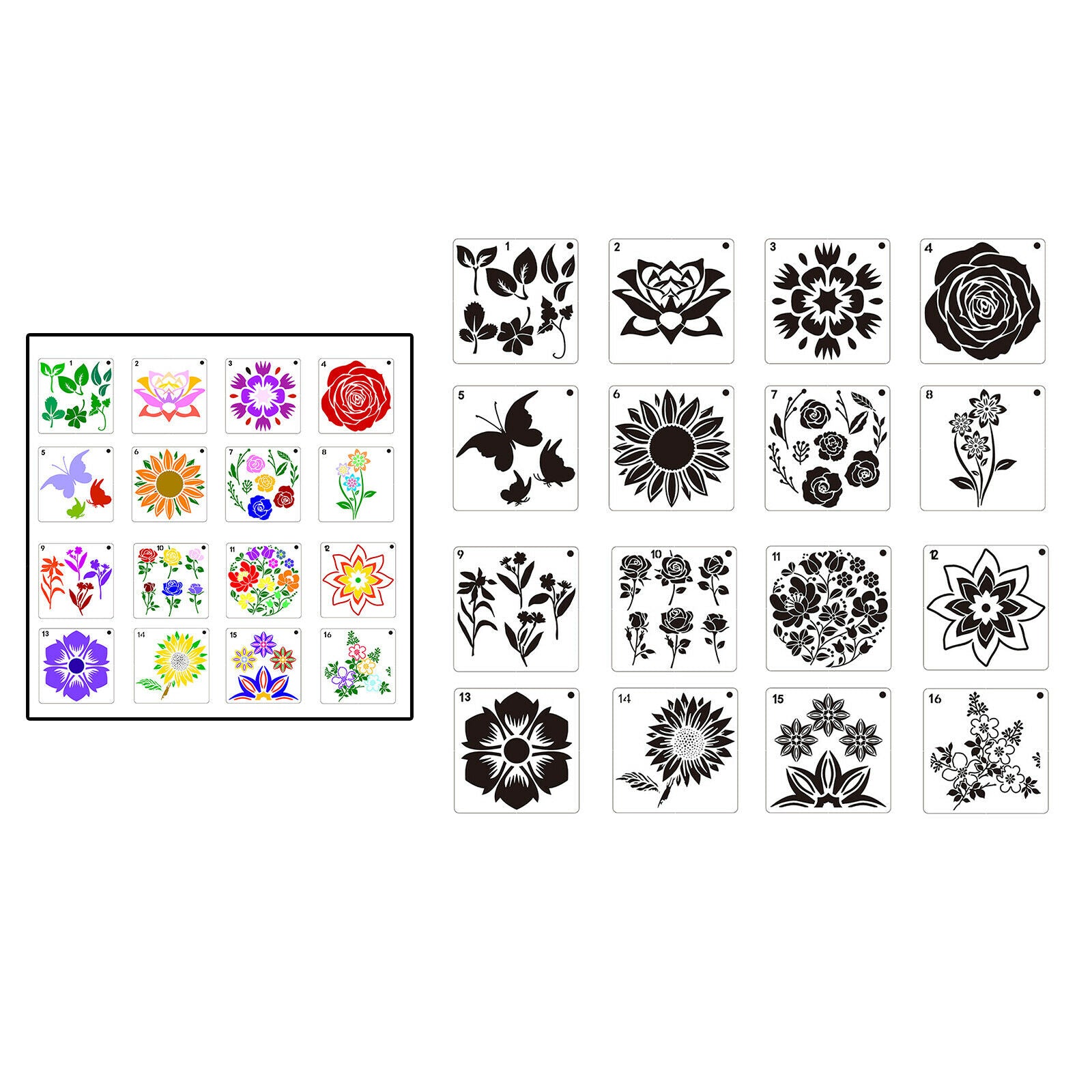 16x Flowers Pattern Plastic Painting Drawing Template Stencil for Decor Card