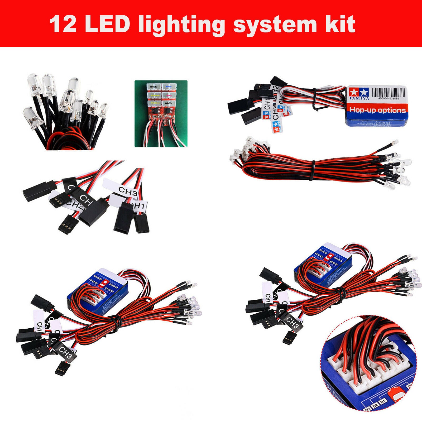 For TAMIYA 1/8 1/10 RC Truck 12 LED Lights Steering Brake System Lighting Kit