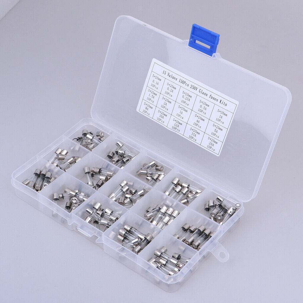 150x Glass Fuse Tube Assorted Kit Amp Fuse 0.1A-20A with Box