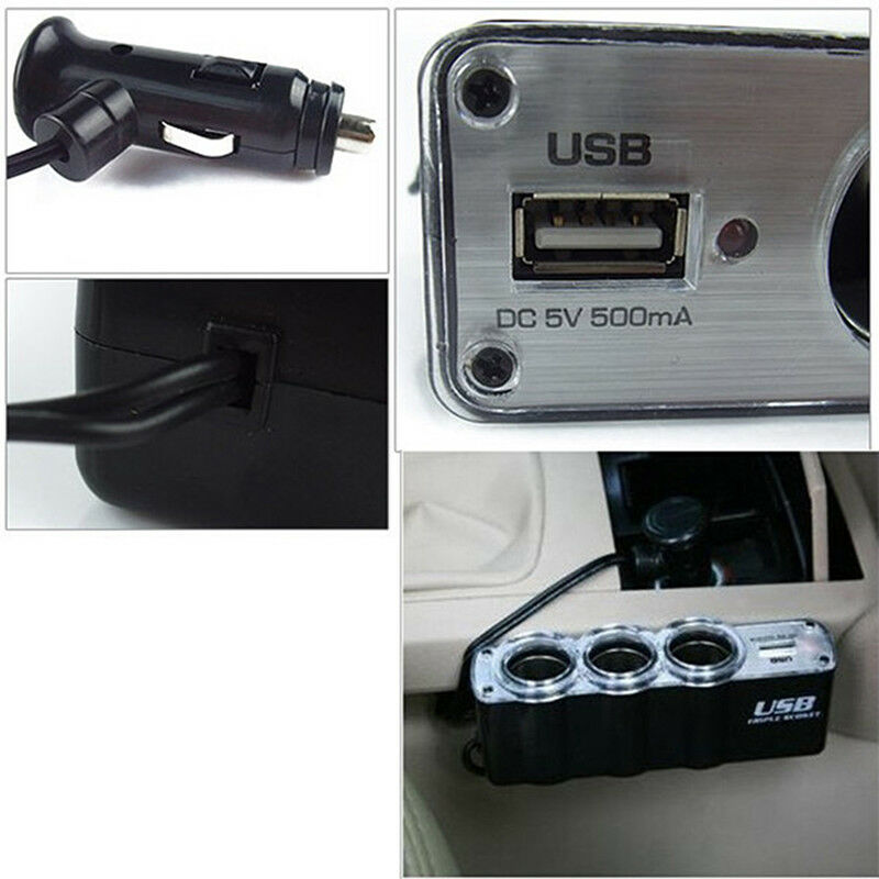 3 Way Multi Socket Car Cigarette Lighter Splitter USB Plug Charger DC 12V/2_ SJ