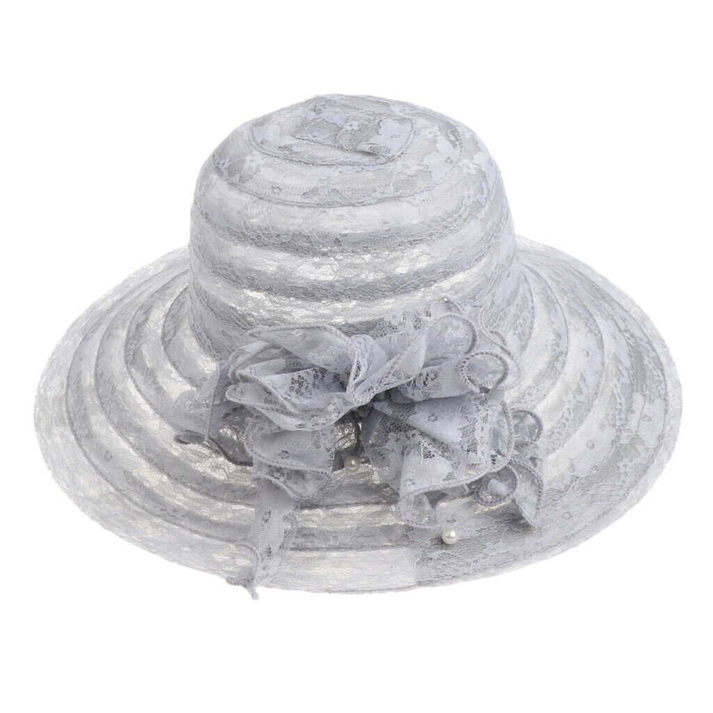 Fashion Women Elegant Lace Flower Derby Sun Hat Party Wedding   gray