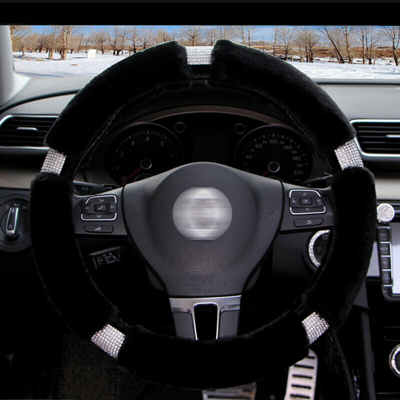 Black 38CM Car SUV Steering Wheel Cover Winter Fur Wool Furry Fluffy Thick Warm