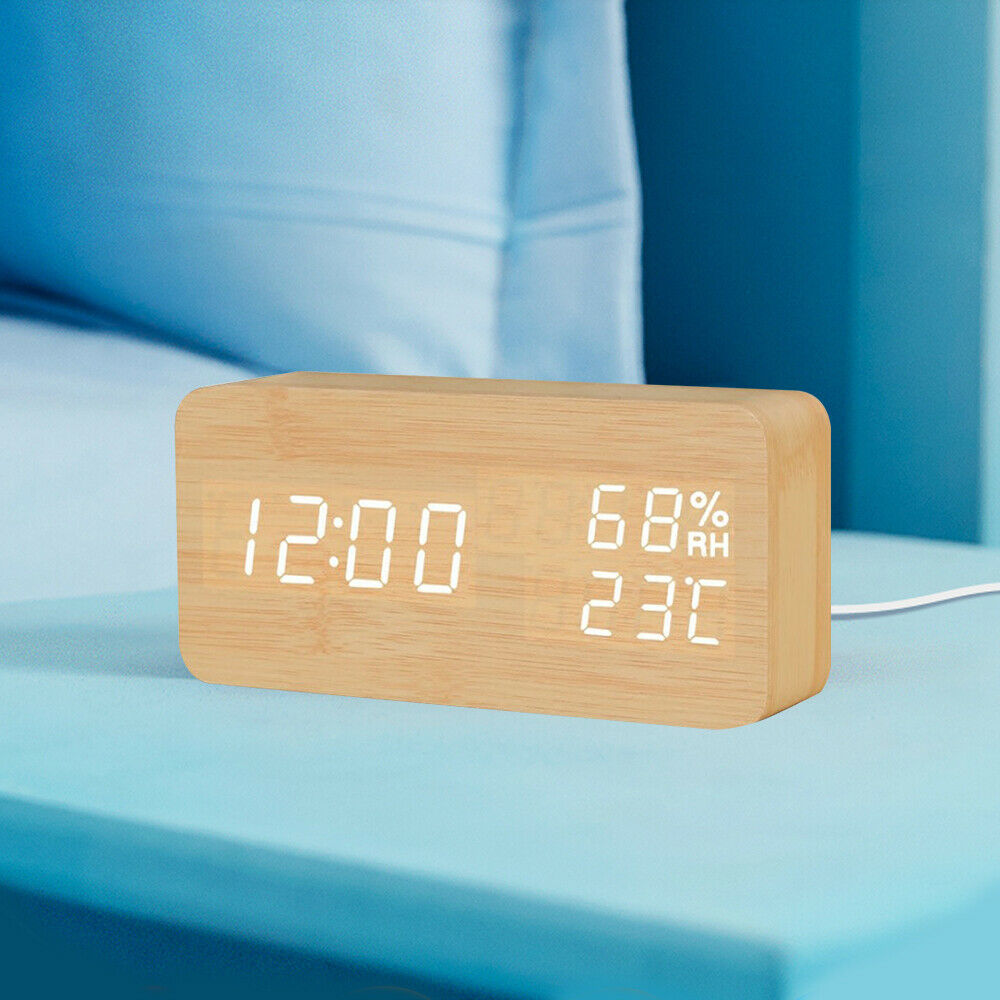 Digital Alarm Clock Wooden LED Temperature Electronic Voice Control Table Clocks