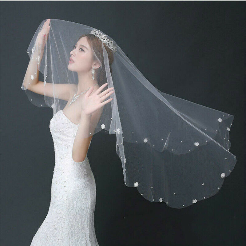 Elbow Length Wedding Bridal Veils Floral Lace Edge Beaded White Accessories New