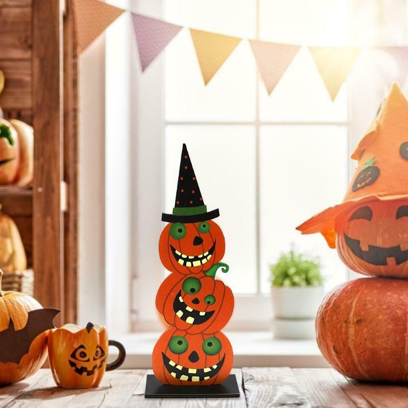 Spooky 3 Pumpkin Witch Hat Wooden Sign Halloween Party Table Topper Decoration