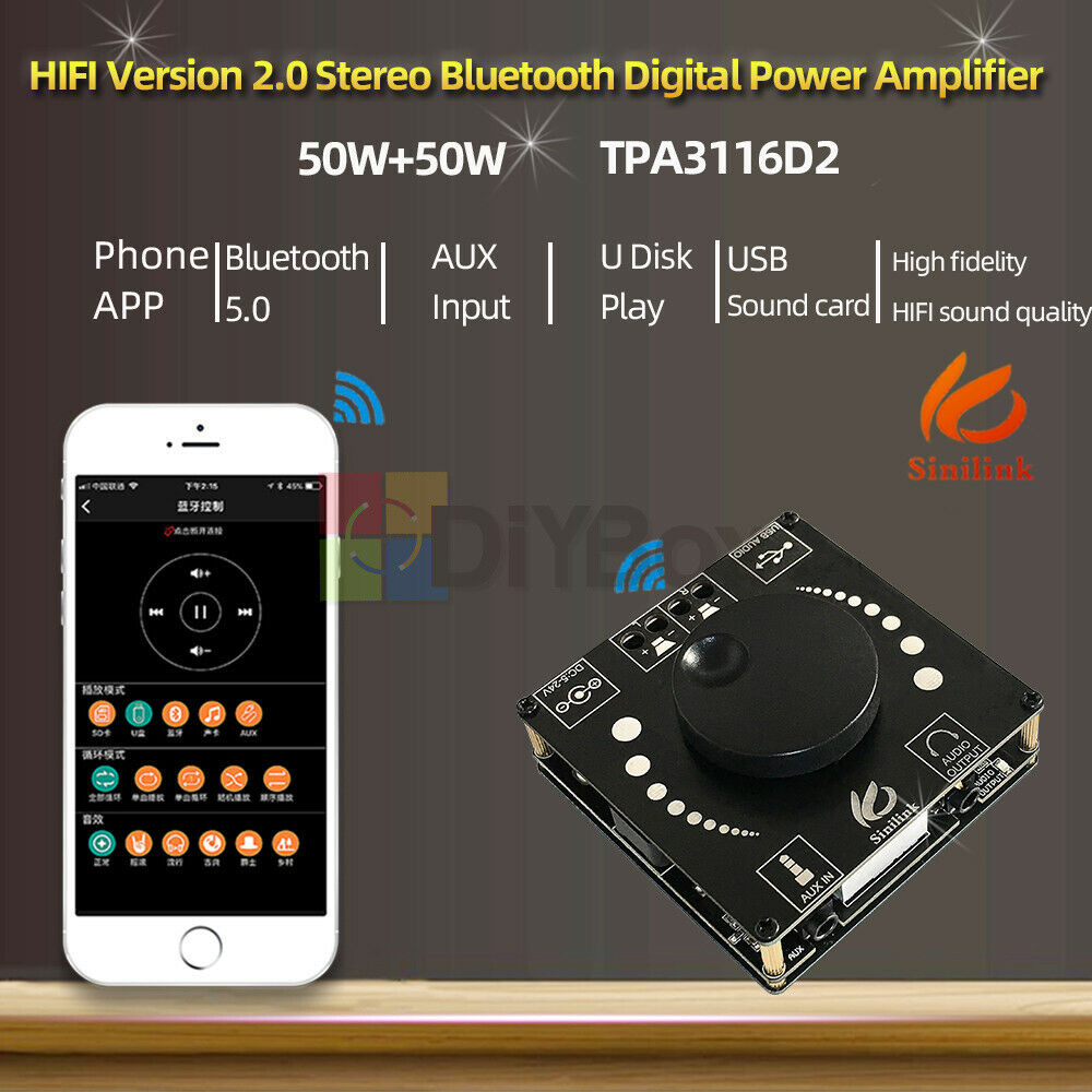 TPA3116D2 Bluetooth5.0 Audio Stereo HIFI AUX USB 50Wx2 Digital Amplifier Board