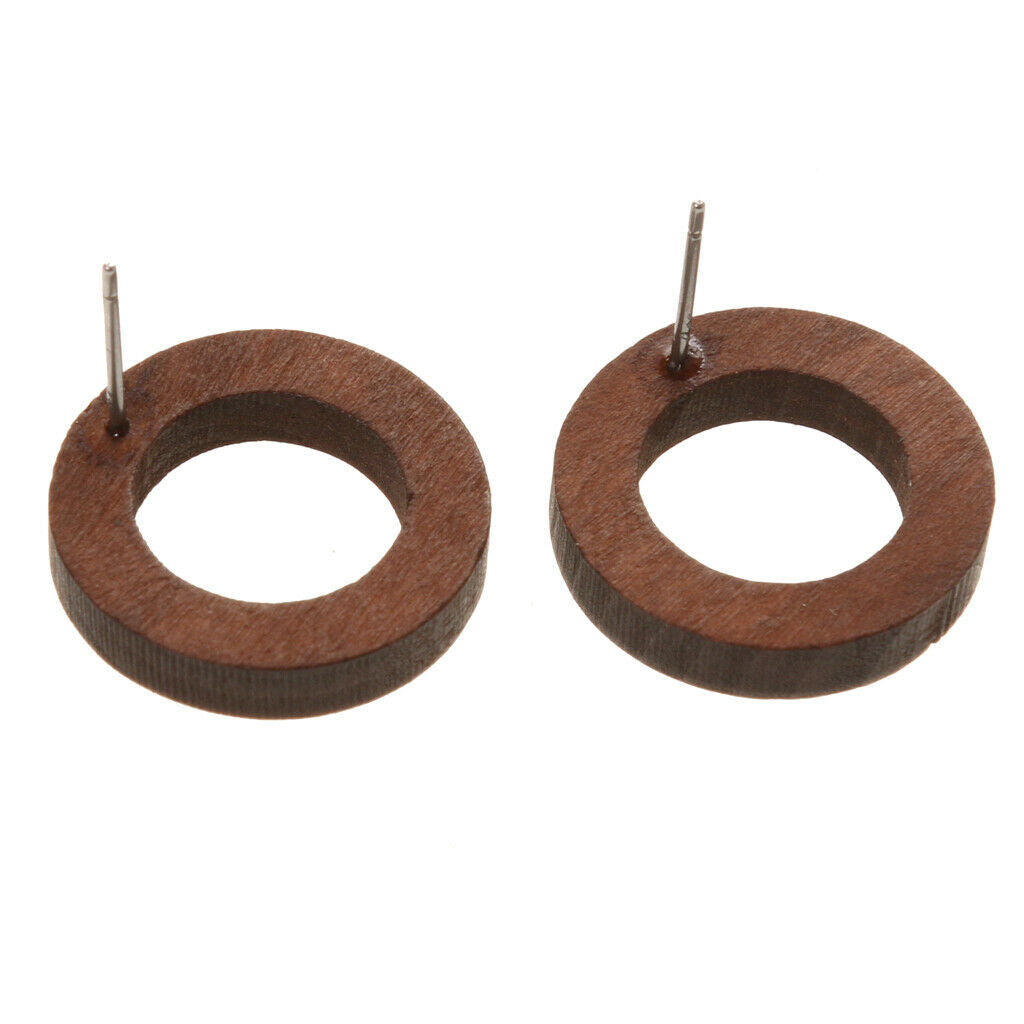 Wood Stud Earrings Geometry Hollow Round Circle Mix Color Fashion Women - Brown
